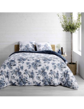 Housse de couette 240x260 cm + taies - Gaze de coton - Roses bleues