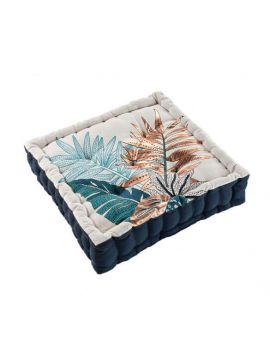 Coussin de sol garni - 45 x 45 cm x 10 cm - Feuillage - Beige, bleu et cuivre métallisé